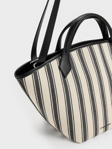 Large Ivanna Canvas Striped Tote Bag, Noir, hi-res