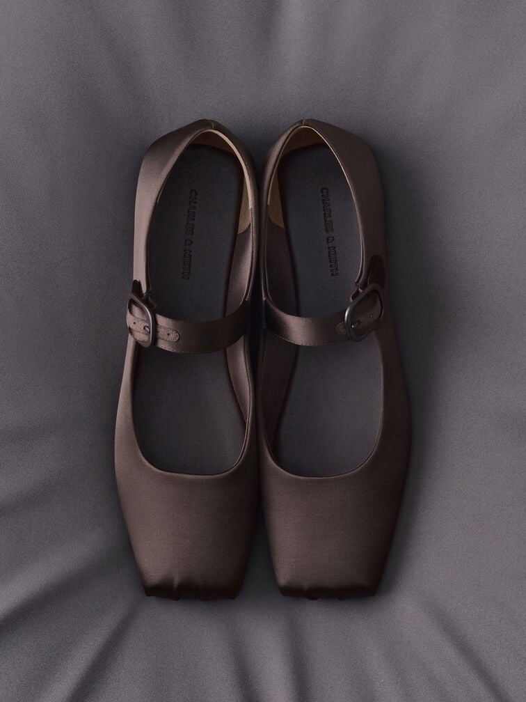 Square-Toe Mary Jane Flats, Dark Brown Textured, hi-res