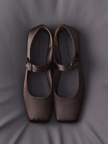 Square-Toe Mary Jane Flats, Dark Brown Textured, hi-res