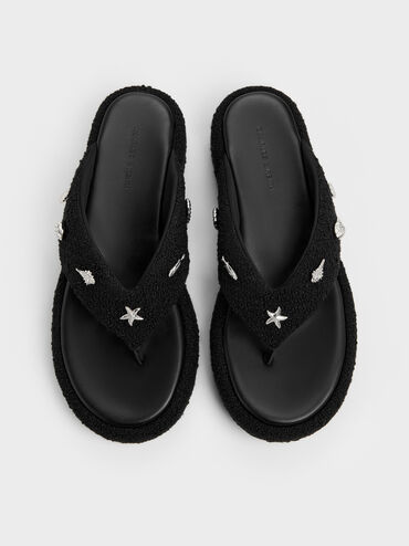 Tweed Beach Flatform Thong Sandals, Black Textured, hi-res