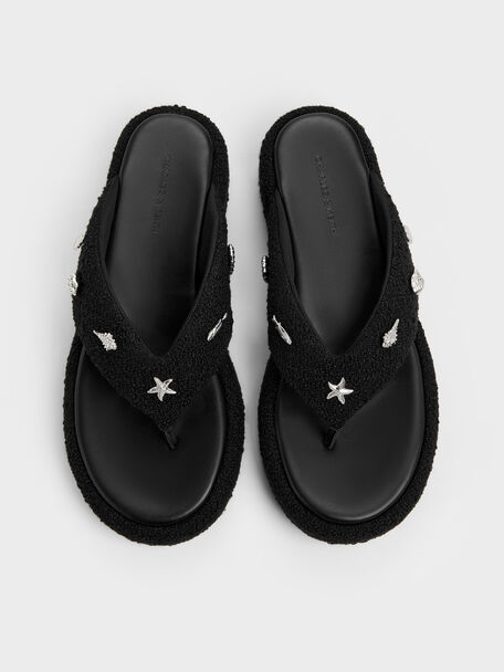Tweed Beach Flatform Thong Sandals, Black Textured, hi-res