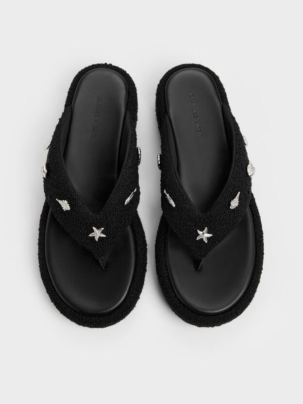 Tweed Beach Flatform Thong Sandals, Black Textured, hi-res