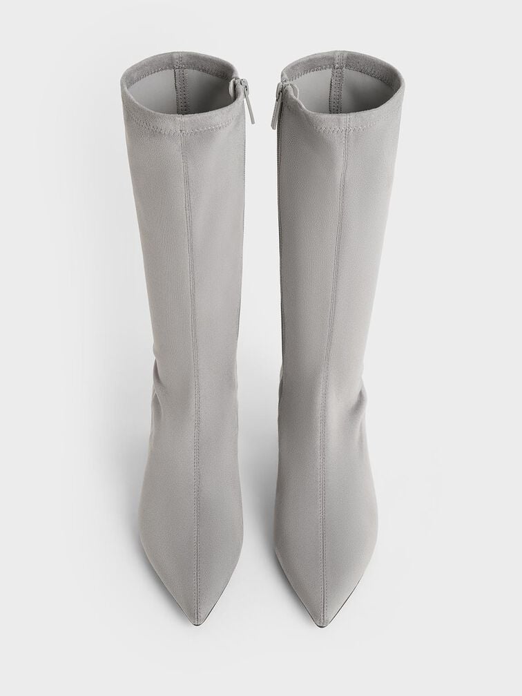 Faux Suede Blade-Heel Pointed-Toe Calf Boots, Grey, hi-res
