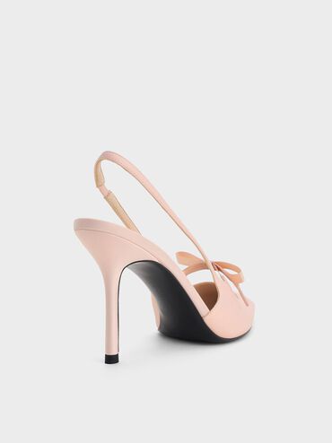 Satin Bow Pointed-Toe Slingback Pumps, Light Pink, hi-res