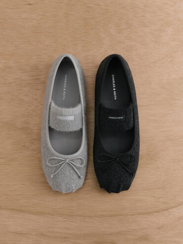 Winona Felt Bow Furry-Strap Mary Jane Flats, Black Textured, hi-res