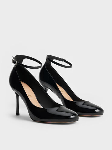 Aretha Patent Leather Ankle-Strap Stiletto-Heel Pumps, Black Patent, hi-res