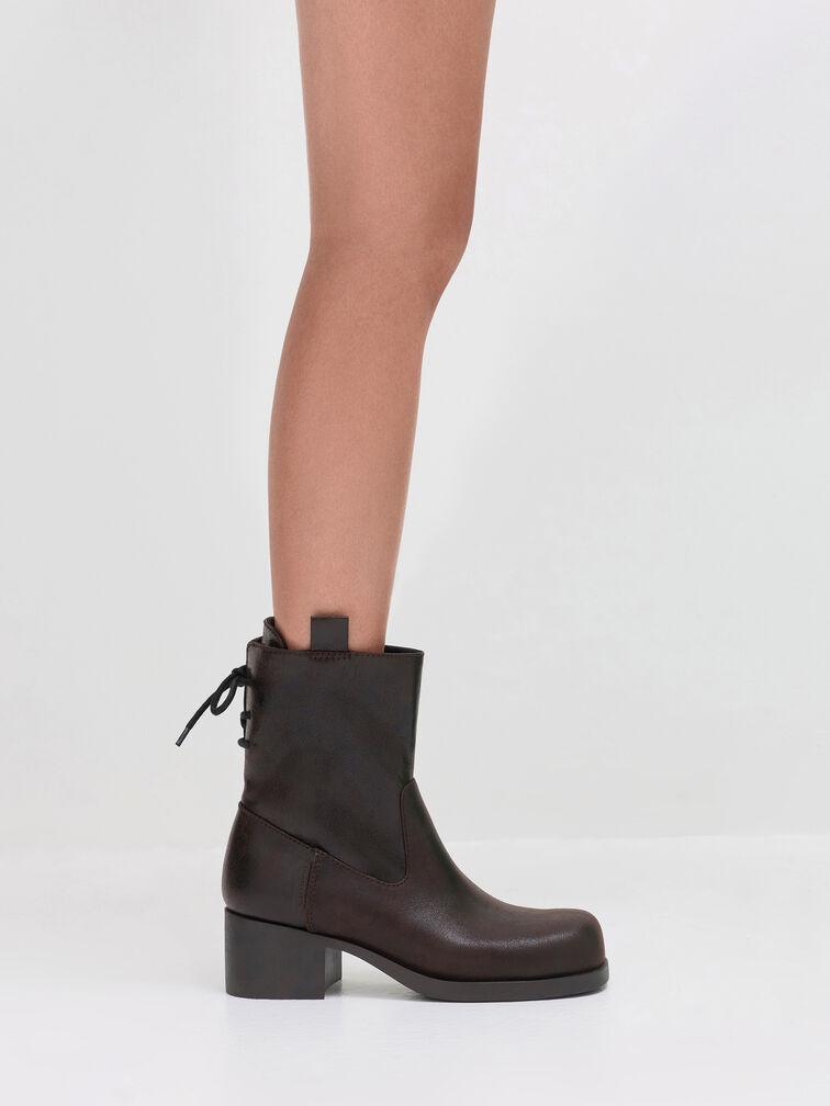 Rosamond Back-Lace Calf Boots, Dark Brown Textured, hi-res