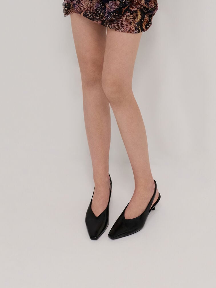 Patent Tapered Square-Toe Slingback Kitten Heels, Black Patent, hi-res