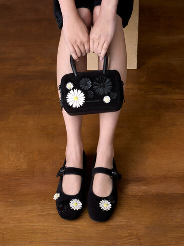 Perline Boxy Top Handle Bag With Floral Appliques, Jet Black, hi-res