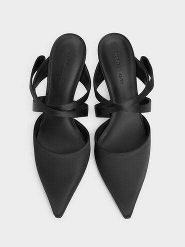 Satin Pleated-Strap Heeled Mules, Black Textured, hi-res
