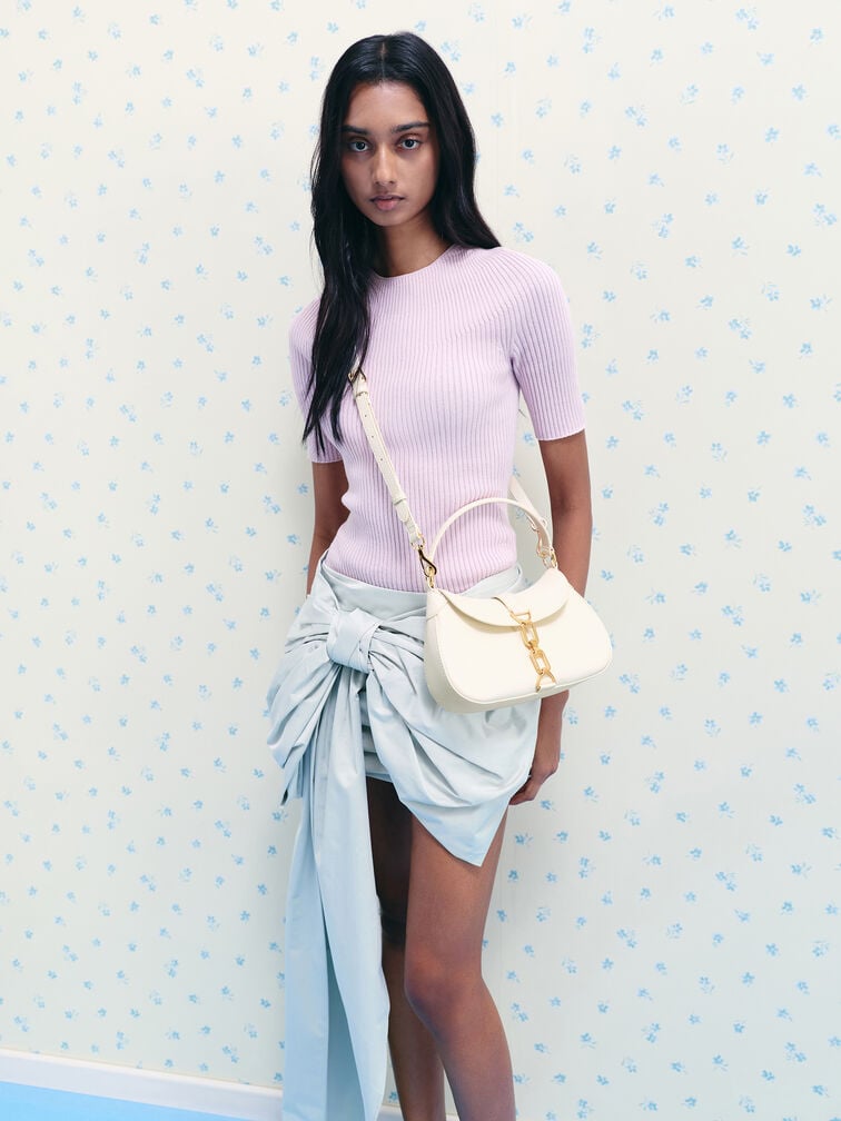 Agatha Chain-Accent Hobo Bag, Cream, hi-res