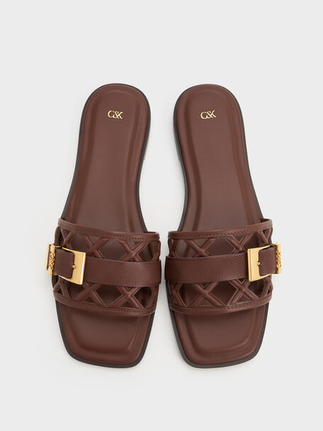 Whitney Leather Cut-Out Slide Sandals, Brown, hi-res