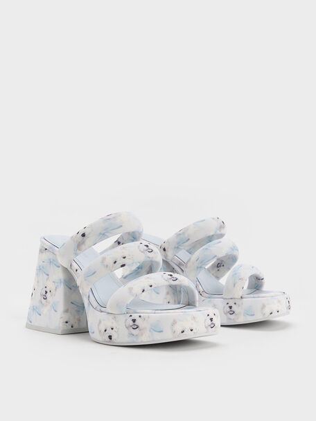 Tattie Dog-Print Puffy-Strap Platform Mules, Light Blue, hi-res