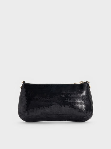 Sequin Mesh & Leather Shoulder Bag, Black, hi-res