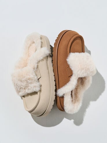 Textured Fur-Trim Flatform Mules, Beige, hi-res