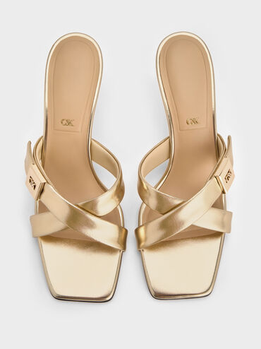 Cody Metallic Leather Crossover-Strap Heeled Sandals, Gold, hi-res