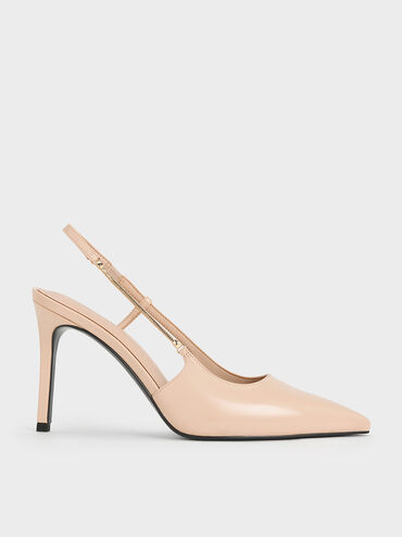 Chain-Strap Pointed-Toe Slingback Pumps, Nude, hi-res