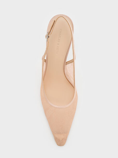 Lace & Satin Slingback Pumps, Nude, hi-res
