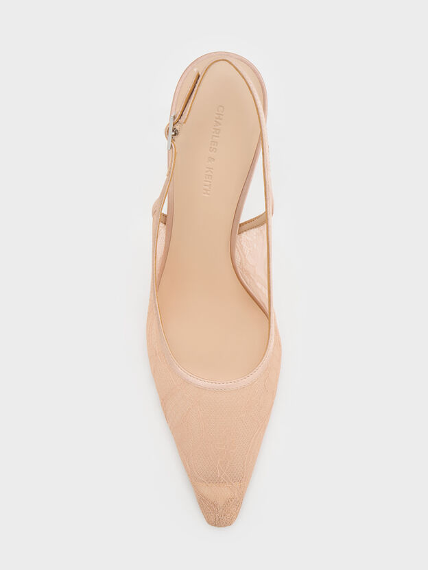 Lace & Satin Slingback Pumps, Nude, hi-res