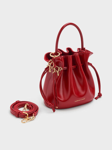 Sammie Horse-Motif Drawstring Bucket Bag, Tomato Red, hi-res