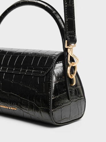 Kaila Croc-Effect Front Flap Top Handle Bag, Black Croco, hi-res