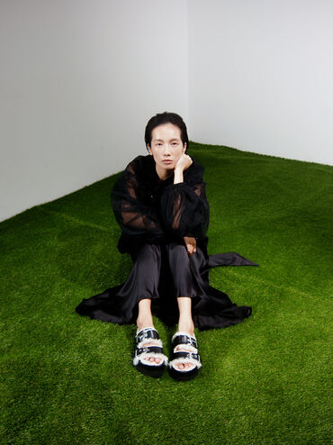 Hannah Furry Buckled Double-Strap Sandals, Black, hi-res