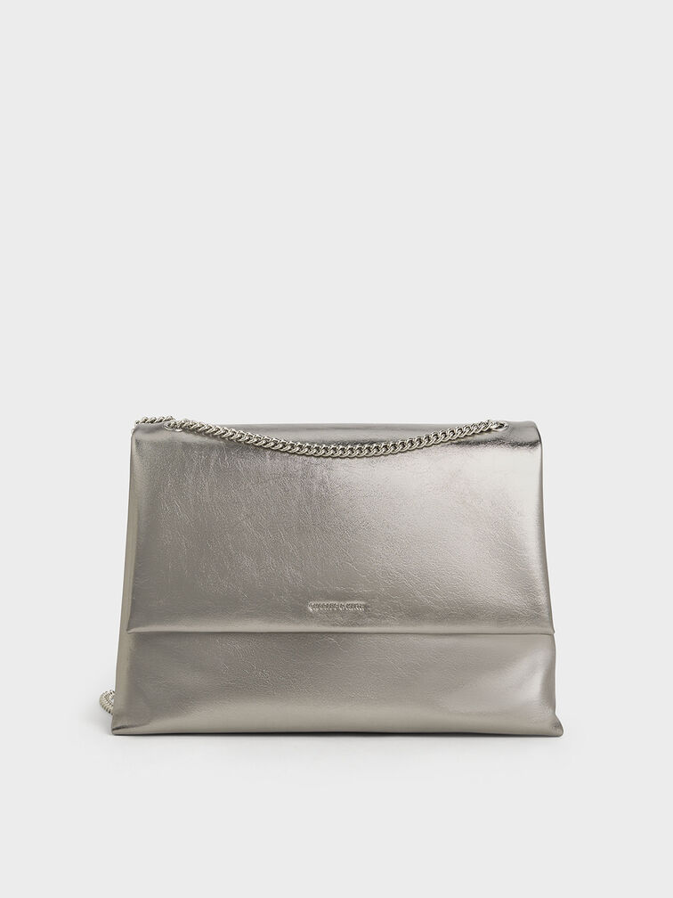 Sianna Metallic Crinkle-Effect Chain-Handle Shoulder Bag, Pewter, hi-res