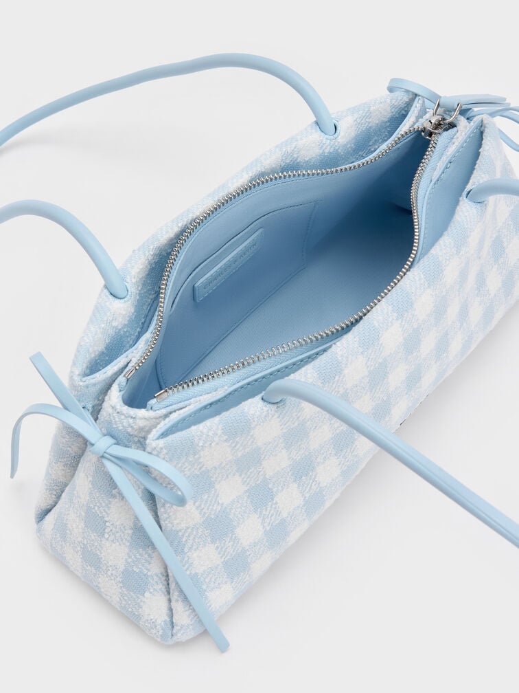 Hazel Gingham Bow Elongated Shoulder Bag, Gingham Blue, hi-res