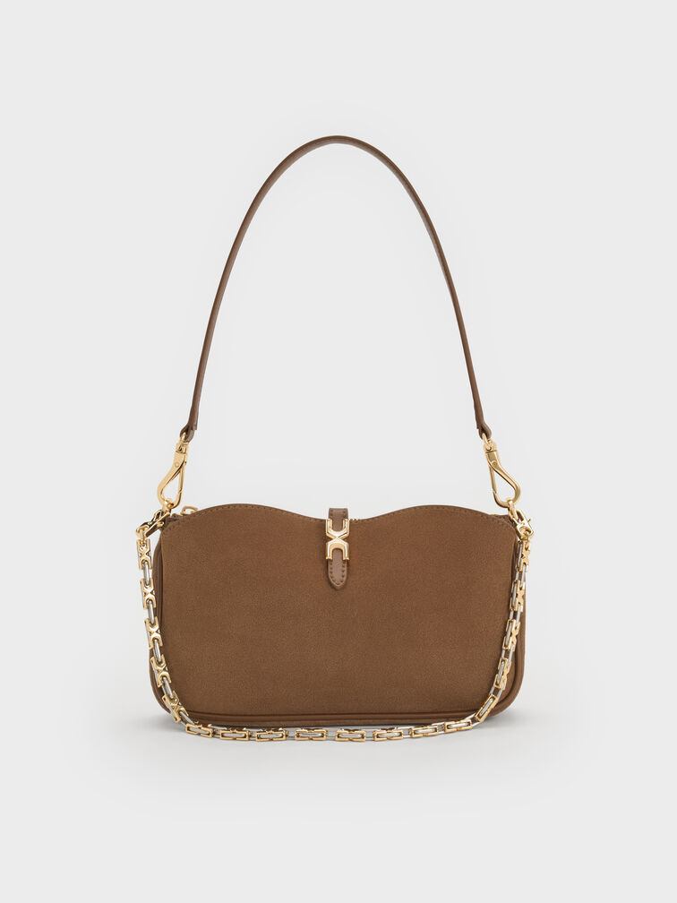 Adalyn Recycled Suede Metallic-Buckle Chain-Handle Shoulder Bag, Mocha Brown, hi-res