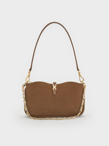 Adalyn Recycled Suede Metallic-Buckle Chain-Handle Shoulder Bag, Mocha Brown, hi-res