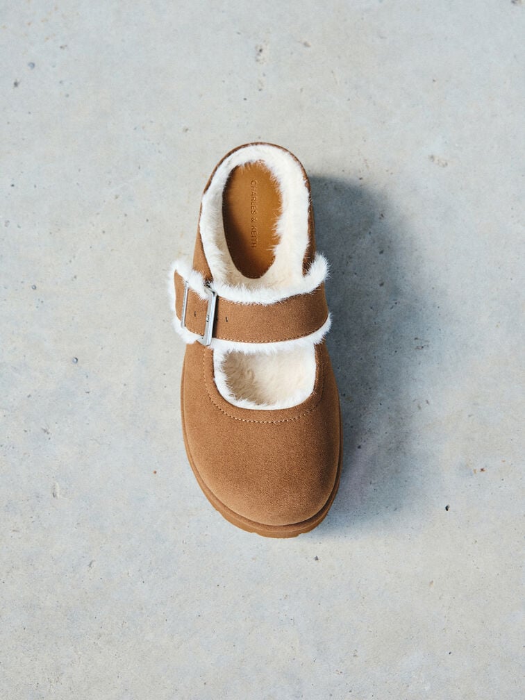 Bergen Textured Fur-Trim Buckled Platform Mules, Brown, hi-res