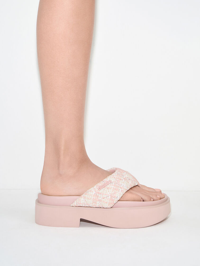Tweed V-Strap Platform Thong Sandals, Light Pink, hi-res
