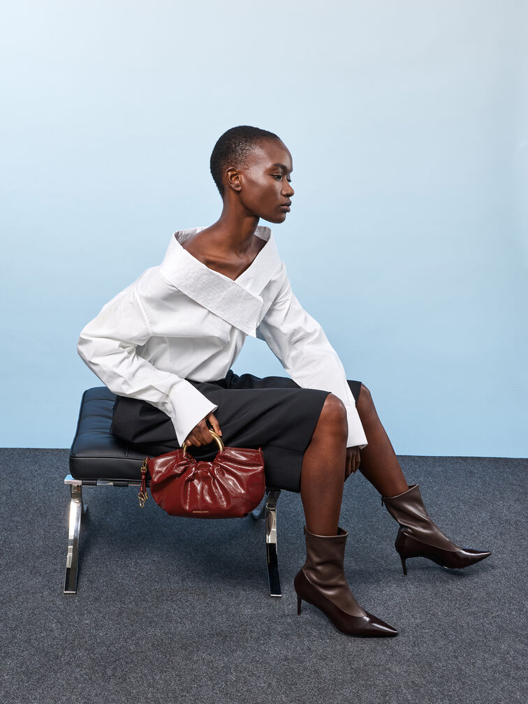 Ciara Ruched Metal Top Handle Bag, Burgundy, hi-res