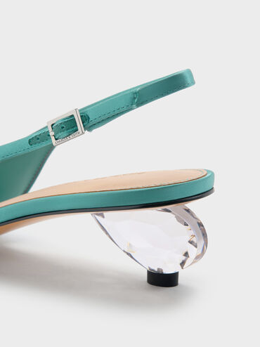 Satin Pointed-Toe Crystal-Heel Slingback Pumps, Teal, hi-res