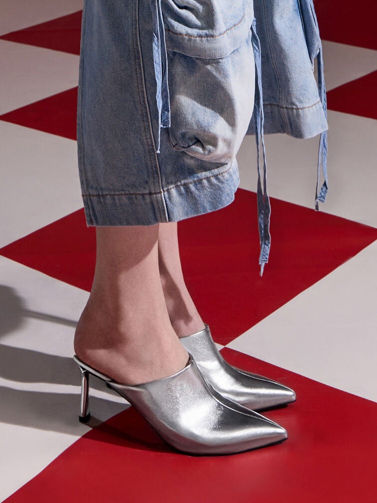 Metallic High-Vamp Pointed-Toe Heeled Mules, Silver, hi-res