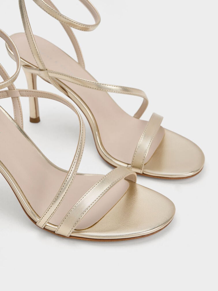 Metallic Asymmetric Strappy Heeled Sandals, Gold, hi-res