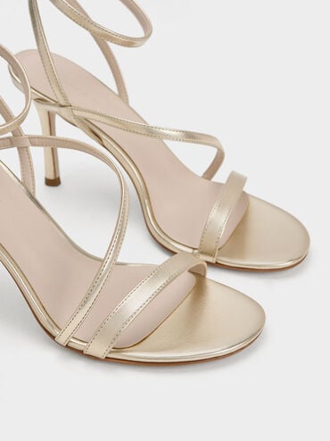 Metallic Asymmetric Strappy Heeled Sandals, Gold, hi-res