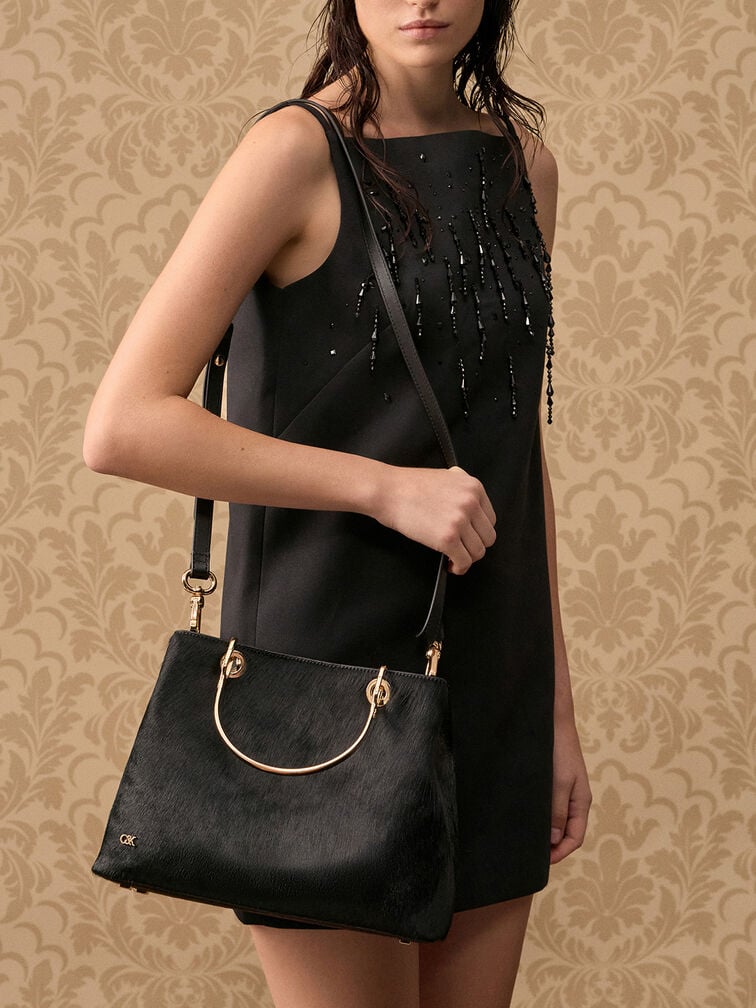 Pony Hair & Leather Ring-Handle Bag, Black, hi-res