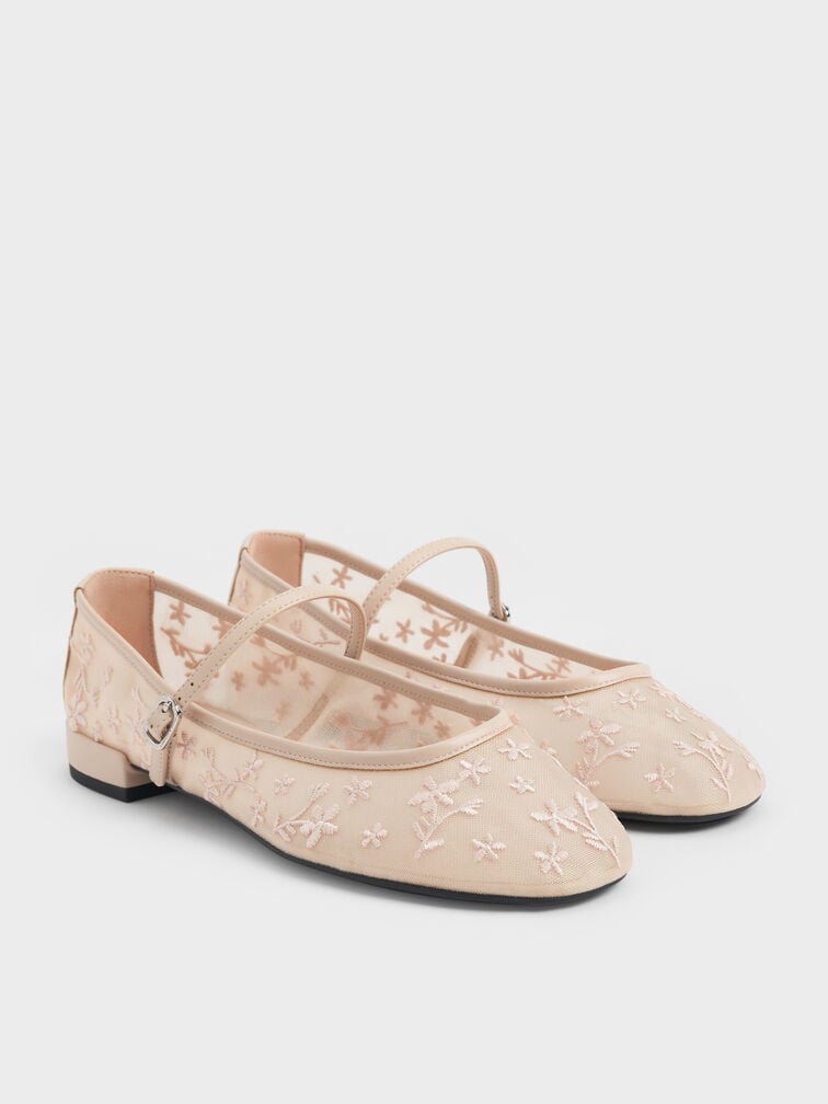 Gertrude Mesh Embroidered Floral Mary Janes, Nude, hi-res