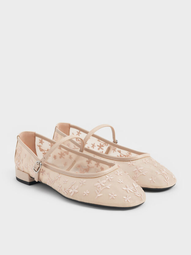 Gertrude Embroidered-Mesh Mary Janes, Nude, hi-res