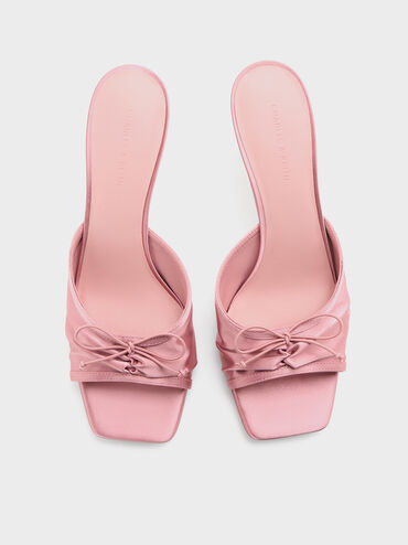 Sadira Satin Ruched Bow Heeled Mules, Pink, hi-res