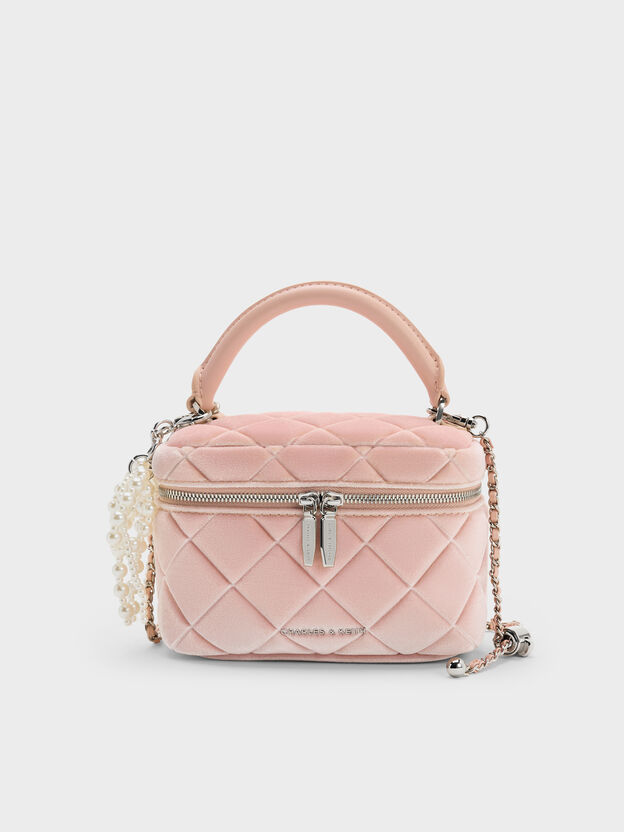 Arwen Velvet Quilted Top Handle Vanity Bag, Pink, hi-res