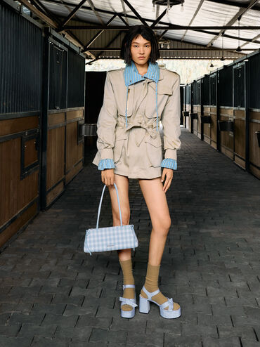 Hazel Gingham Bow Elongated Shoulder Bag, Gingham Blue, hi-res