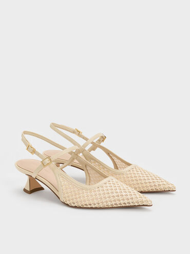 Raffia Sculptural-Heel Slingback Pumps, Beige, hi-res