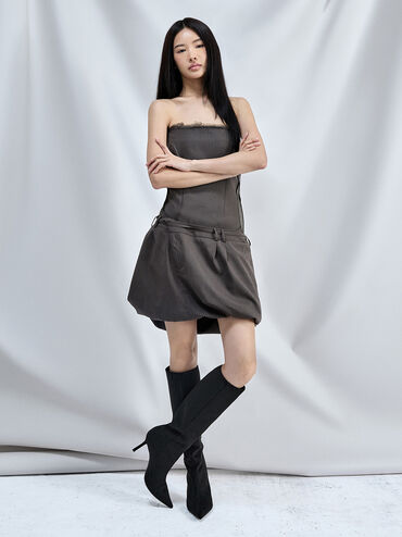 Faux Suede Pointed Stiletto Knee-High Boots, Black Textured, hi-res