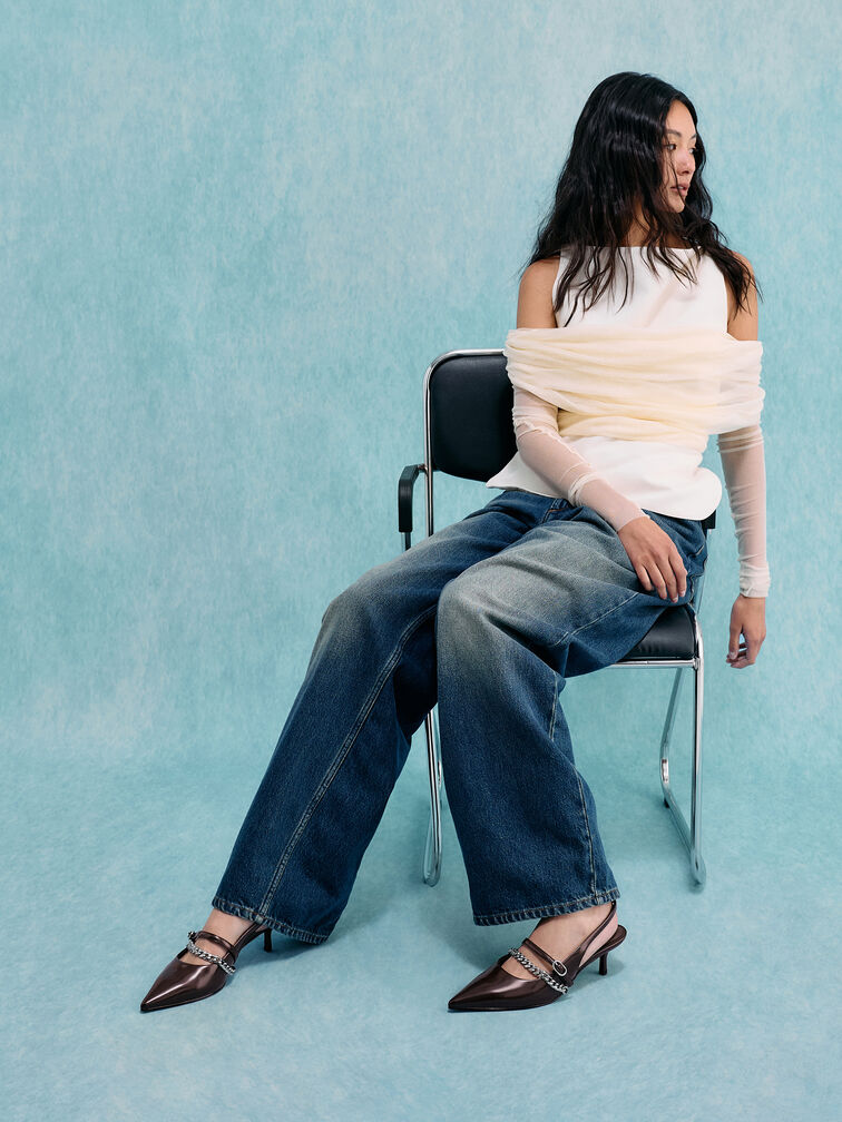 Georgie Chain Slingback Kitten Heels, Dark Brown, hi-res