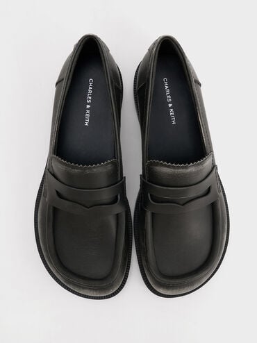 Asymmetric Penny Loafers, Black, hi-res