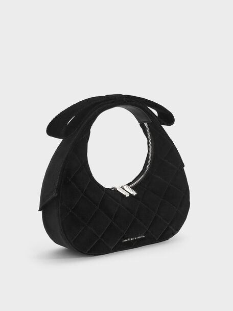 Janie Velvet Quilted Bow-Handle Bag, Noir, hi-res