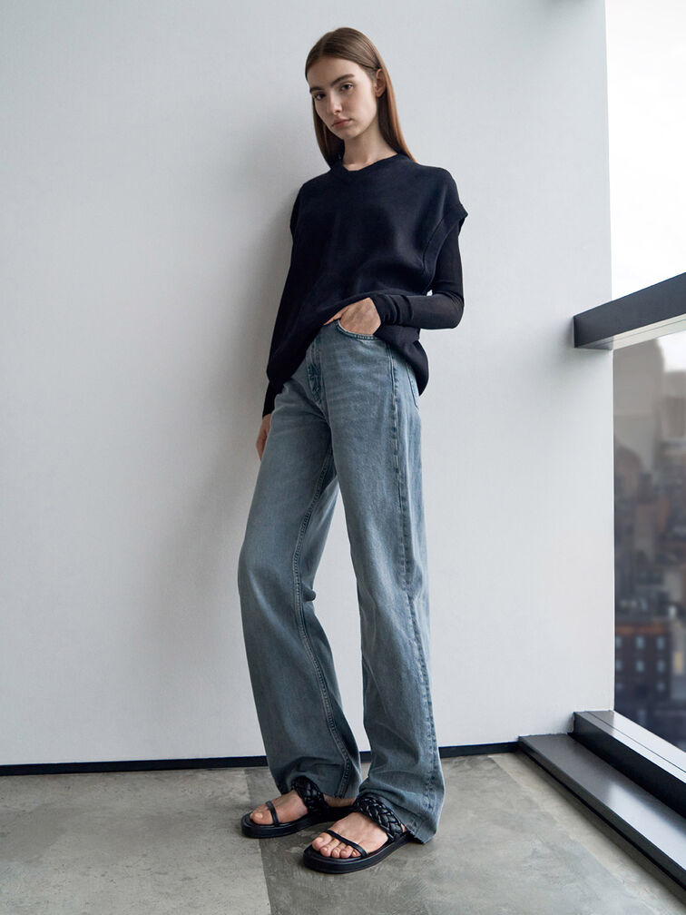 Braided-Strap Flatform Sandals, Black, hi-res