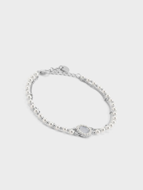 Pearl & Gemstone Double-Chain Bracelet, Light Blue, hi-res